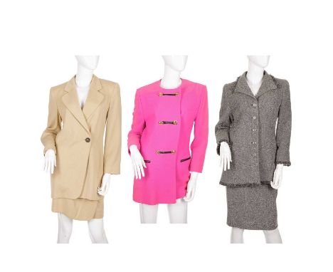 A selection of vintage clothing, to include a grey donegal tweed two-piece outfit by Louis Feraud, a hot pink wool jacket by 