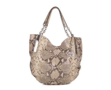 Michael Kors, a hobo handbag, designed with a glossy faux snakeskin exterior, polished silver-tone hardware, dual top handles