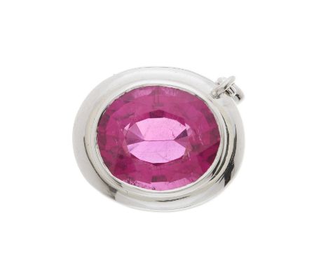 An 18ct gold pink tourmaline single-stone ring, with plain surround, suspending a brilliant-cut diamond collet highlight, tou