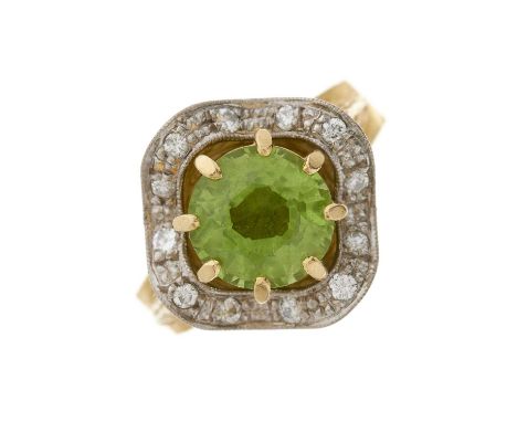 A 1970s 18ct gold peridot dress ring, with brilliant-cut diamond undulating surround and textured shoulders, estimated total 