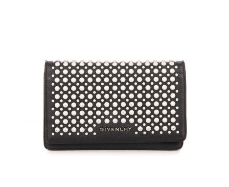 Givenchy, a Pandora wallet on chain handbag, designed in a black leather and white bead embellished exterior, featuring a det