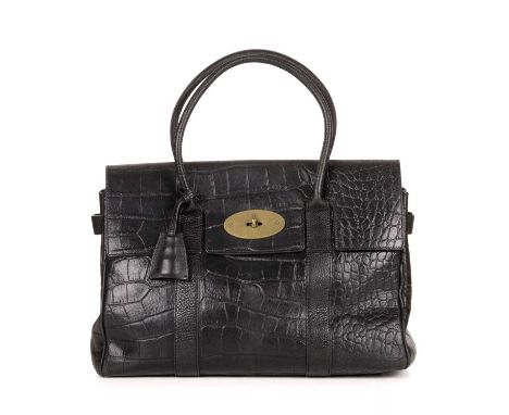 Mulberry, an embossed Bayswater handbag, crafted from crocodile embossed black leather, featuring double rolled handles, top 