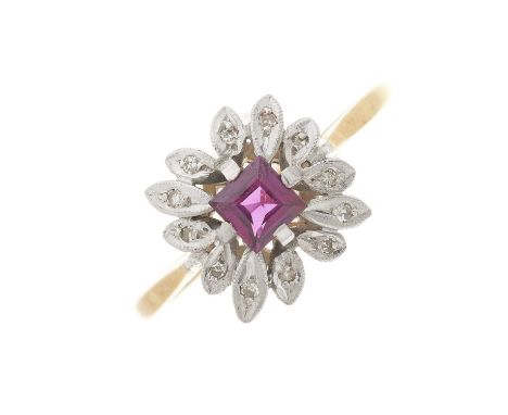 A mid 20th century 18ct gold ruby and single-cut diamond foliate dress ring, ruby estimated weight 0.40ct, hallmarks for Birm