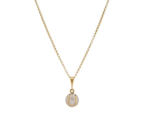 A gold pave-set diamond tennis ball pendant, suspended from an 18ct gold belcher-link chain, estimated total diamond weight 1