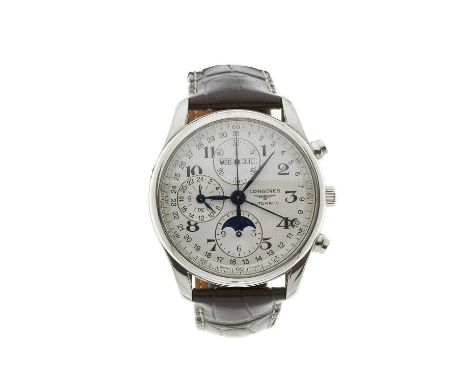 Longines, a stainless steel Master Collection chronograph wrist watch, exhibition case back and moon phase indicator, referen