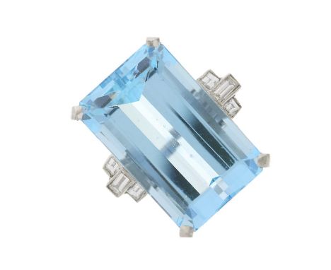 A platinum aquamarine single-stone ring, with rectangular-shape diamond trio sides and grooved shoulders, aquamarine estimate