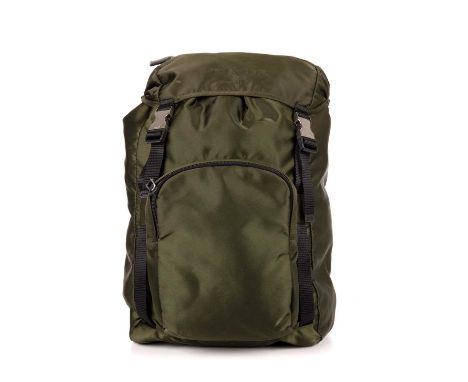 Prada, a jacquard logo backpack, crafted from khaki green nylon, with polished silver-tone hardware, front patch pocket, adju