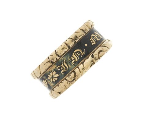 A late Georgian 18ct gold black enamel mourning band ring, with In Memory Of script and floral engraved sides, hallmarks for 