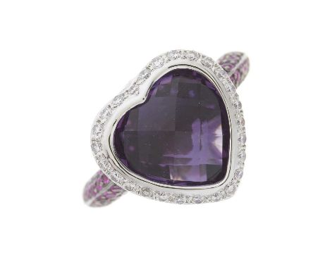 An 18ct gold amethyst and brilliant-cut diamond heart-shape cluster dress ring, with pave-set pink sapphire shoulders, amethy