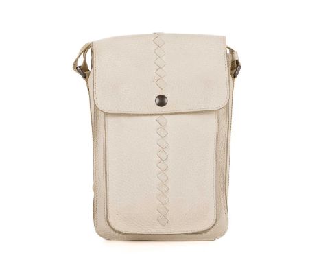 Bottega Veneta, a small vertical crossbody messenger bag, crafted from grained ivory leather, featuring an adjustable crossbo