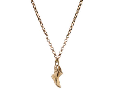 A 9ct gold winged foot Hermes charm, suspended from a 9ct gold belcher-link chain, with later spring ring clasp, charm with h