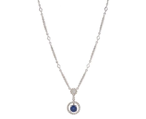 An 18ct gold brilliant-cut diamond cluster necklace, suspending a circular-shape sapphire drop, with brilliant-cut diamond ha
