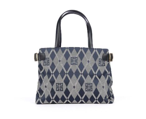 Givenchy, a canvas tote, featuring a blue and grey diamond patterned canvas exterior with smooth blue leather trim, flat leat