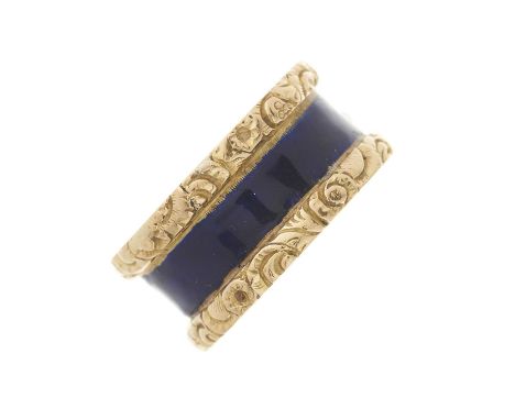 A Georgian 18ct gold scrolling floral band ring, with blue enamel central groove, hallmarks for London 1826, ring size L, 8.2