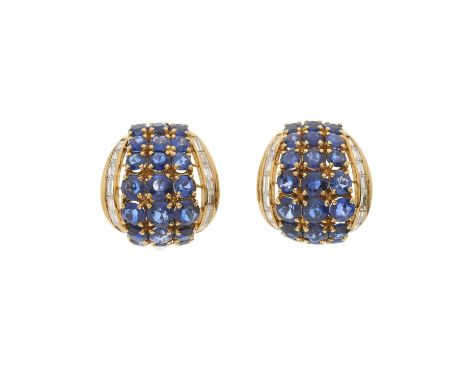 A pair of 18ct gold sapphire three-row half hoop earrings, with calibre-cut diamond sides, estimated total diamond weight 0.6