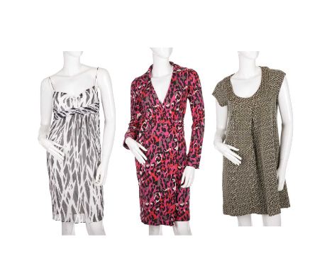 Diane Von Furstenberg, a selection of ladies clothing, to include a brown and green patterned sleeveless wool dress, a long s