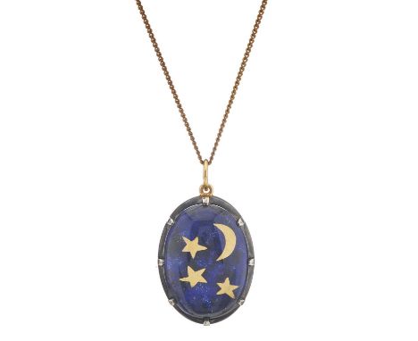 A silver and gold, rock crystal and enamel locket pendant, painted to depict a crescent moon and stars, suspended from a curb