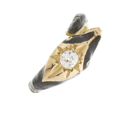 An 18ct gold black enamel coiled snake ring, with old-cut diamond accent head and rose-cut diamond eyes, principal diamond es