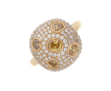 An 18ct gold vari-shape fancy coloured diamond and pave-set diamond bombe ring, estimated total coloured diamond weight 1ct, 