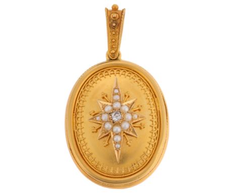 An Antique Victorian Pearl and Diamond Locket Pendant,circa 1880, comprising an oval pendant having central eight-ray star se