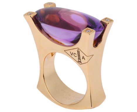 VAN CLEEF & ARPELS - An Amethyst and Diamond Ring,Of geometric design set with an oval double cabochon amethyst, each four co