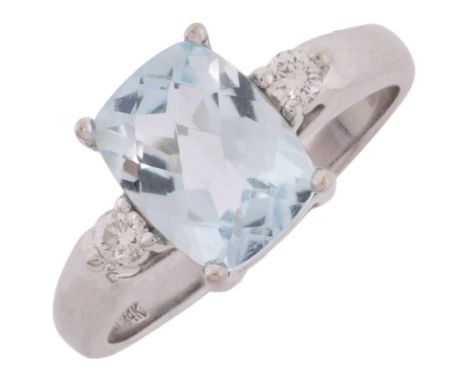 An Aquamarine and Diamond Ring,set with rectangular rose cut aquamarine of approximately 2.00 carats, flanked by modern round