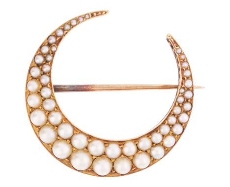 An Antique Victorian Pearl Crescent Brooch,circa 1890, set with two rows of graduated split pearls, unmarked mount tests as 1
