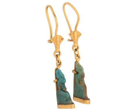 A Pair of Archaeological Revival Faience 'Goddess Sekhmet' Earrings,each comprising an Ancient Egyptian faience figure depict