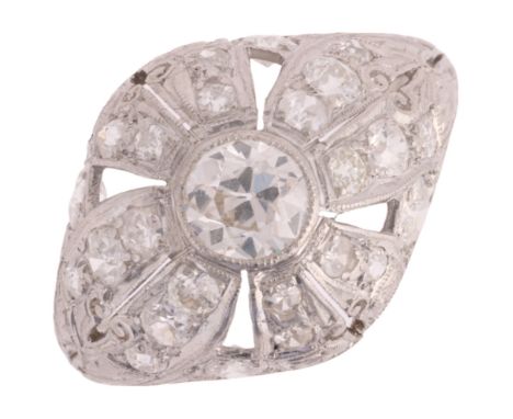 An Art Deco Diamond Bombe Ring,circa 1930, the bombe set with round brilliant and transitional cut diamonds with pierced and 