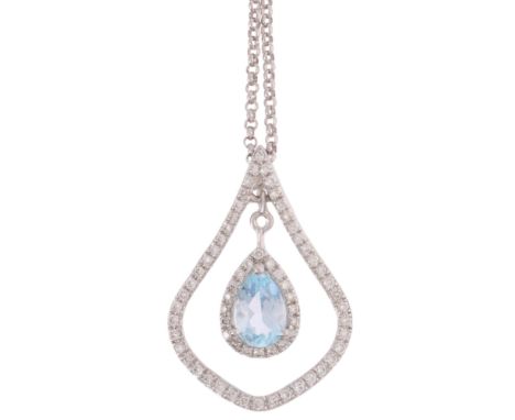 An Aquamarine and Diamond Pendant Necklace,of pear halo form, set with pear cut aquamarine weighing approximately 0.35 carats