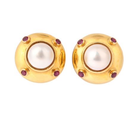 THEO FENNELL - A Pair of Mabe Pearl and Ruby Earrings,circular form, each set with round Mabe pearl of 9.6mm, surrounded by f