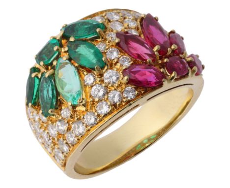 An Emerald, Ruby and Diamond Ring,set with marquise and oval cut emerald and ruby flowerheads, the wide band pave set with mo