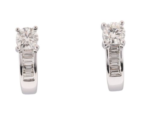 A Pair of Diamond Half Hoop Stud Earrings,each set with a modern round brilliant cut diamond suspending four graduated baguet