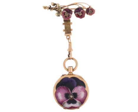 An Antique Swiss Enamel and Diamond 'Pansy' Fob Watch,comprising a lapel brooch decorated with enamel pansy floral spray havi