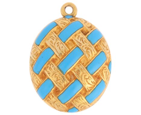 An Antique Victorian Blue Enamel Locket Pendant,of oval form with blue enamel, engraved lattice decoration and memorial backi