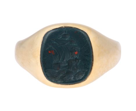 A Bloodstone Intaglio Seal Ring,set with an oval bloodstone panel intaglio carved to depict a three-masted ship, mount marked