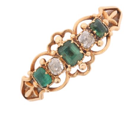 An Antique Georgian Emerald and Diamond Ring,circa 1820, set with five graduated octagonal step cut emeralds and round old cu