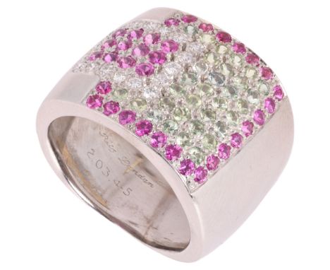RITZ FINE JEWELLERY - A Pink and Green Sapphire and Diamond Ring,designed as a belt buckle set with round cut sapphires and d