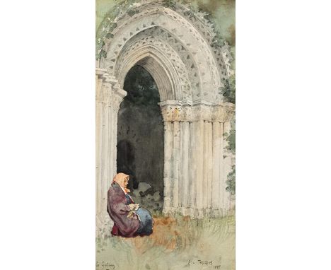 Henry Jones Thaddeus RHA (1859-1924)Woman by an Arch, Co. GalwayWatercolour, 31.5 x 16cmSigned, inscribed and dated 1889Mount