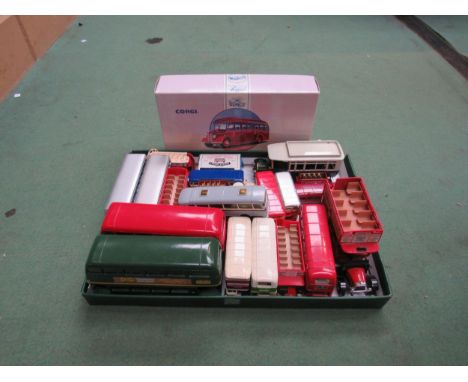 A boxed Corgi Bedford OB Coach and reproduction Matchbox Series double decker bus together with assorted loose diecast buses 