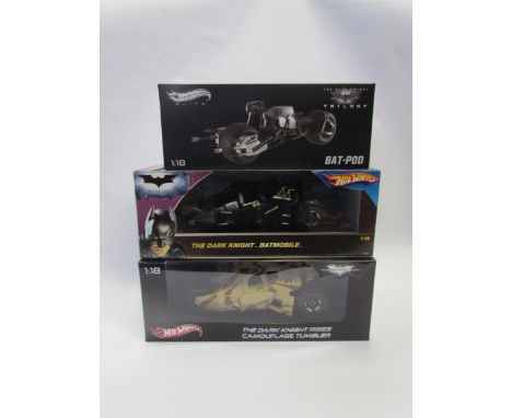 Three boxed Hot Wheels 1:18 scale diecast Batman vehicles to include The Dark Knight Batmobile, The Dark Knight Rises Camoufl