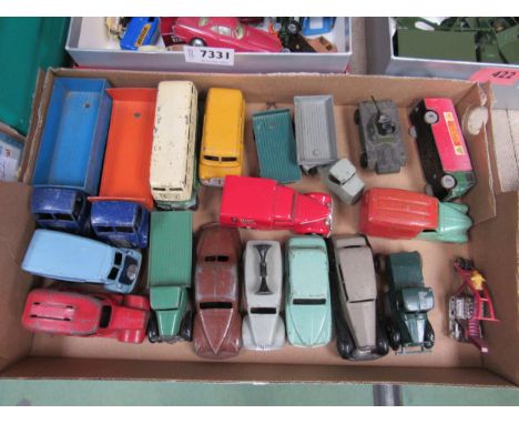 A collection of loose playworn Dinky Toys diecast vehicles including loudspeaker van, Lincoln Zephyr, Daimler Saloon, Hillman