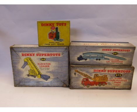 Four boxed Dinky Toys diecast commercial vehicles to include 964 Elevator Loader, 972 20-Ton Lorry Mounted Crane "Coles", 982