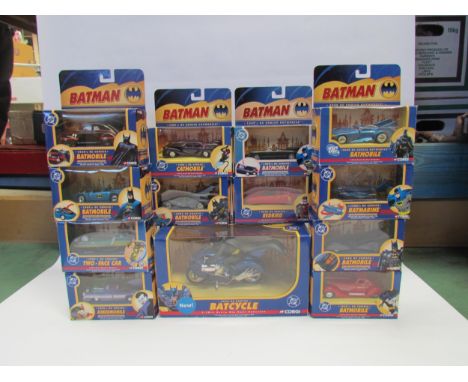Twelve boxed 1:43 scale Corgi diecast DC Comics Batman vehicles and a boxed 1:16 scale Batcycle 