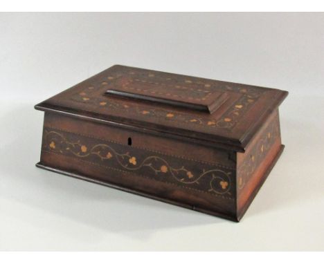 An attractive 19th Century Killarney work Ladies Sewing Box, of sarcophagus form, with interwoven shamrock design on lid and 