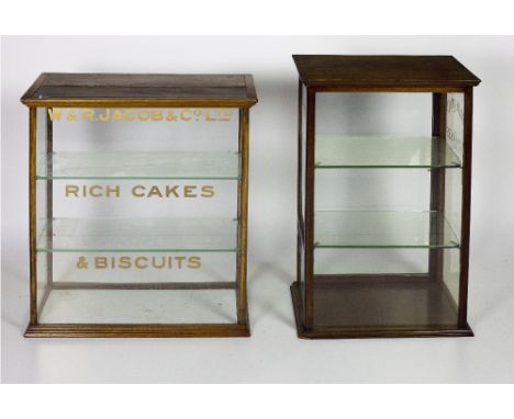 A large Edwardian glass cased mahogany counter Shop Display, inscribed by 'W. & R. Jacob & Co. Ltd - Rich Cakes and Biscuits,