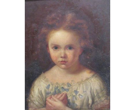 Early 19th Century Irish School"Portrait of a Young red headed Girl in lace dress with blue bells in hand," O.O.C., approx. 3