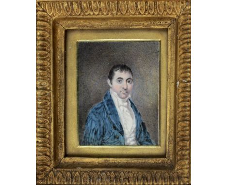 19th Century Irish School"Miniature Portrait of Patrick Shannon,"  gentleman in blue coat, on ivory, approx. 9cms x 7cms insc