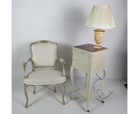 A French style painted Open Armchair, with cream fabric on front cabriole legs, together with a painted Bedside Locker with m