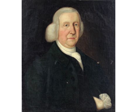 18th Century Irish SchoolA half length "Portrait of Captain John Odell, with large wig, white neck tie, green velvet jacket, 